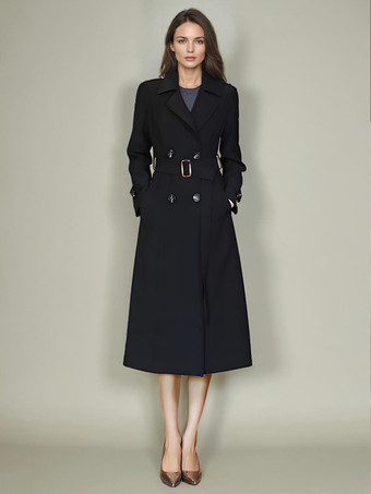 ブラック レディース トレンチコート 実用的ボタン ターンダウンカラー 長袖 ポリエステル レースアップ