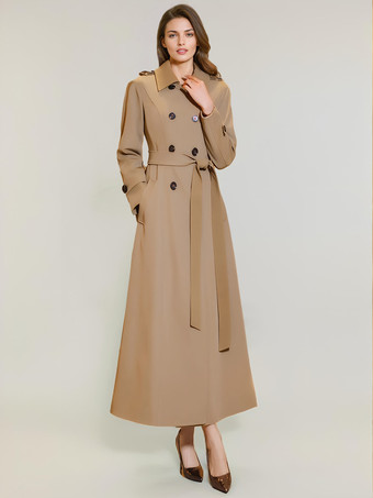 ライトブラウンレディース トレンチコート 実用的 ターンダウンカラー ボタン フルレングスコート
