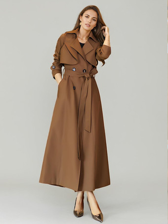 ブラウン レディース トレンチコート モダン ポリエステル ターンダウンカラー ボタン フルレングスコート