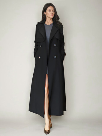 レディース トレンチコート モダン ポリエステル ターンダウンカラー ボタン フルレングスコート