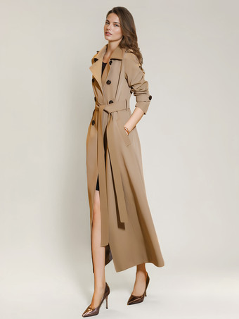 レディース トレンチコート 実用的 ターンダウンカラー ボタン フルレングスコート