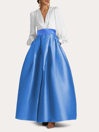 Bleu océanRobe de soirée col V manche longue jupe en satin au sol