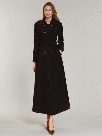 ブラック レディース トレンチコート 実用的 ターンダウンカラー ボタン フルレングスコート