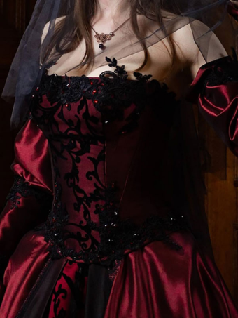 Gotische Brautkleider in A-Linie mit langen Ärmeln und rückenfreier Spitze mit Schleppe Burgund Brautkleid Kostenlose Anpassung