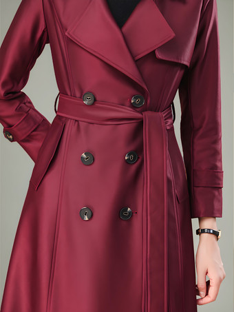 女性用トレンチコート 高品質ボタン ターンダウンカラー 長袖 ポリエステル レースアップ ワインレッド