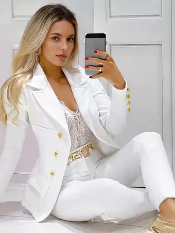 Two Piece Sets White V Neck Buttons Long Sleeves Blazer Coat Casual Pants Women Outfit Milanoo