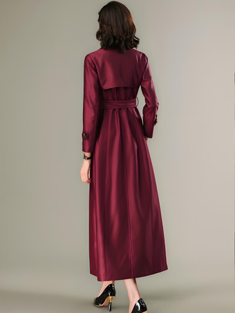 女性用トレンチコート 高品質ボタン ターンダウンカラー 長袖 ポリエステル レースアップ ワインレッド