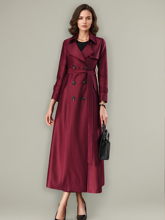 女性用トレンチコート 高品質ボタン ターンダウンカラー 長袖 ポリエステル レースアップ ワインレッド