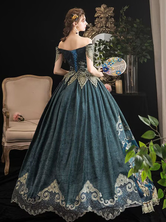 ビクトリア朝のレトロなダークネイビー半袖オフショルダーバロック衣装ドレスマリーアントワネットドレス