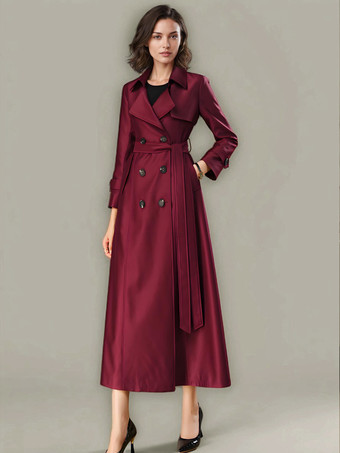 女性用トレンチコート 高品質ボタン ターンダウンカラー 長袖 ポリエステル レースアップ ワインレッド