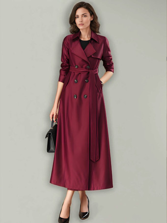 女性用トレンチコート 高品質ボタン ターンダウンカラー 長袖 ポリエステル レースアップ ワインレッド