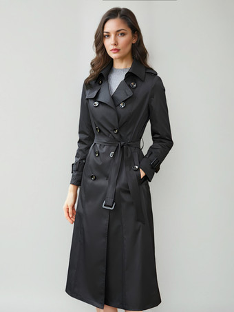 ブラック レディース トレンチコート モダン ポリエステル ターンダウンカラー ボタン 長袖