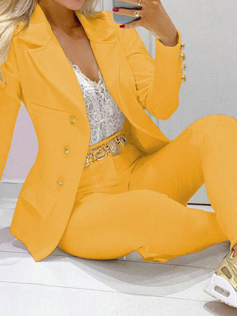 イエローツーピースセットホワイトポリエステルVネックボタン長袖ブレザーコートカジュアルパンツ女性服
