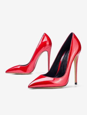 ハイヒール ポインテッドトゥ パンプス レッド ピンヒール パテントレザー 12cm 無地 シューズ プラスサイズシューズ スリップオン 結婚式 二次会 通勤用 仕事 キャバ 卒園式 卒園式 レディース靴