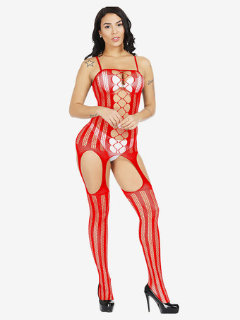 レッド クロッチレス 女性用セクシーボディストッキングフィッシュネットホワイトカットアウトウェディングランジェリー