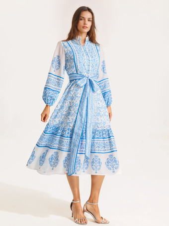 パーティードレス プリント スタンドカラー ランタンスリーブ ベルト付き フォークロア ミディドレス