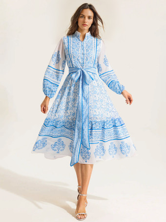 ブルー パーティードレス プリント スタンドカラー ランタンスリーブ ベルト付き フォークロア ミディドレス