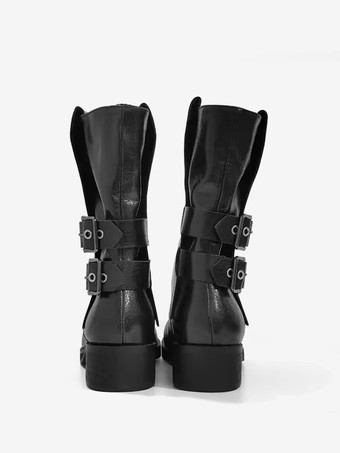 レディース ブラック バックル ブーティ ラウンドトゥ チャンキーヒール アンクルブーツ