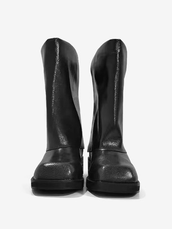 レディース ブラック バックル ブーティ ラウンドトゥ チャンキーヒール アンクルブーツ