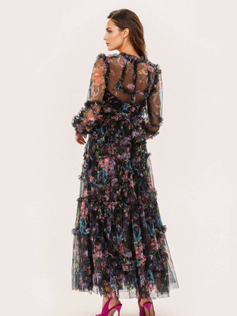 パーティードレス フリル レイヤード イリュージョンスリーブ エレガント フォークロア ロングドレス