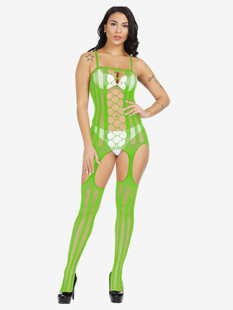 グリーン クロッチレス 女性用セクシーボディストッキングフィッシュネットホワイトカットアウトウェディングランジェリー