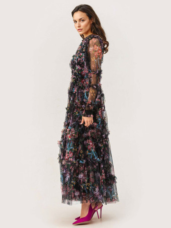 パーティードレス フリル レイヤード イリュージョンスリーブ エレガント フォークロア ロングドレス