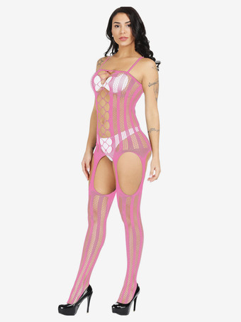 ピンククロッチレス 女性用セクシーボディストッキングフィッシュネットホワイトカットアウトウェディングランジェリー