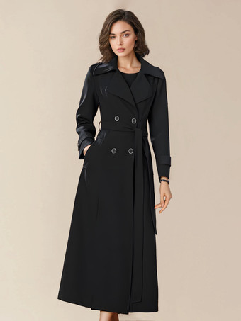 ブラック 女性用トレンチコート 高品質ボタン ターンダウンカラー 長袖 ポリエステル フロントボタン