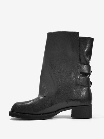 レディース ブラック バックル ブーティ ラウンドトゥ チャンキーヒール アンクルブーツ