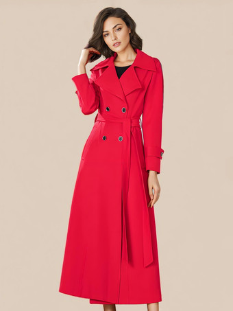 レッド 女性用トレンチコート 高品質ボタン ターンダウンカラー 長袖 ポリエステル フロントボタン