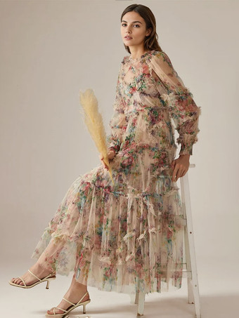 アプリコットパーティードレス フリル レイヤード イリュージョンスリーブ エレガント フォークロア ロングドレス