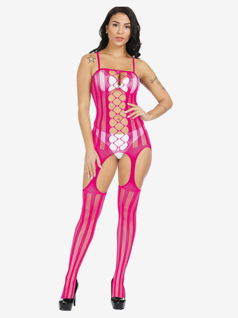 ローズレッドクロッチレス 女性用セクシーボディストッキングフィッシュネットホワイトカットアウトウェディングランジェリー