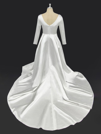 ホワイトビンテージ ウェディングドレス スクエアネック 長袖 サテン生地 トレインブライダルガウン 自由なカスタマイズ