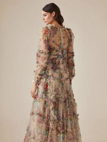 パーティードレス フリル レイヤード イリュージョンスリーブ エレガント フォークロア ロングドレス