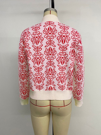 女性用プルオーバー レッドプリント ジュエルネック 長袖 アクリルセーター