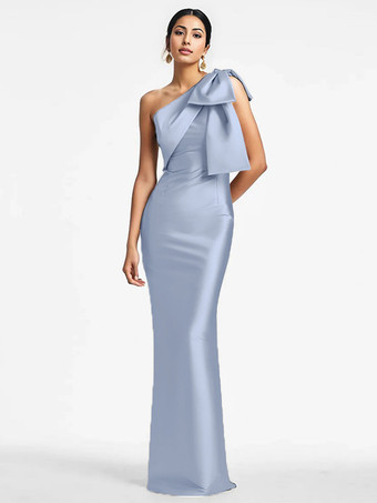 ベビーブルー花嫁の母親のためのパーティードレス ワンショルダーのリボン付きフロアレングスのマーメイドゲストドレス 結婚式用