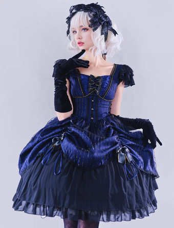 Lolitashow Esclusivi abiti gotici Lolita con volant fiocchi pizzo strisce blu casual per tutti i giorni