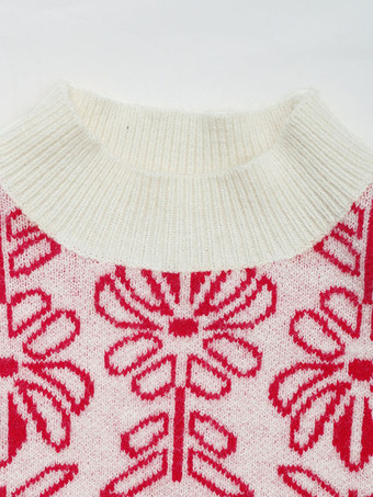 女性用プルオーバー レッドプリント ジュエルネック 長袖 アクリルセーター