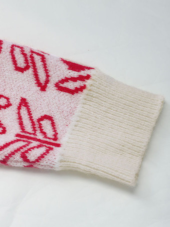 女性用プルオーバー レッドプリント ジュエルネック 長袖 アクリルセーター