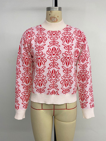 女性用プルオーバー レッドプリント ジュエルネック 長袖 アクリルセーター
