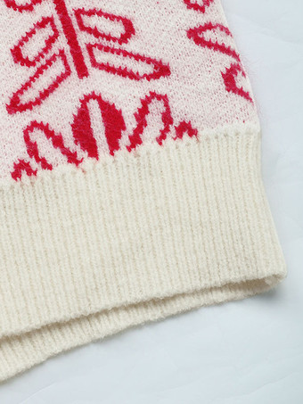 女性用プルオーバー レッドプリント ジュエルネック 長袖 アクリルセーター