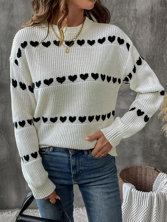 レディース プルオーバー ホワイト ツートン ジュエルネック 長袖 アクリル セーター