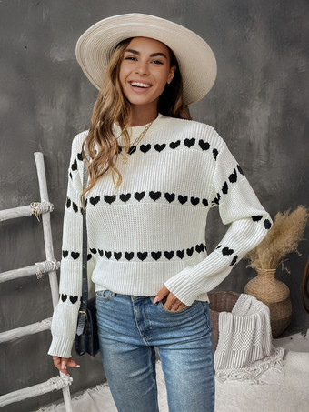 White Pullovers For Women White Two-Tone Jewel Neck Long Sleeves Acrylic Sweaters
