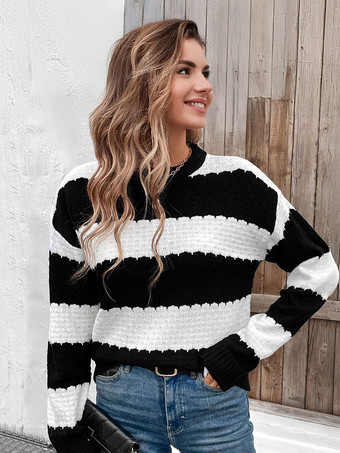 ブラック レディース プルオーバー ブラック ツートン ジュエルネック 長袖 レイヤード アクリル セーター