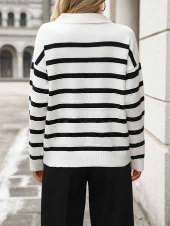 レディース プルオーバー セーター ホワイト ツートンデザイン ネックライン 長袖 オーバーサイズ ポリエステル セーター