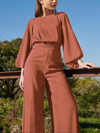 エンバーレッドイブニングドレス ジャンプスーツ ジュエルネック フロアレングス 3/4 丈スリーブ バックレス プリーツ ポリエステル 社交パーティードレス