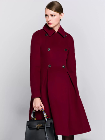 フレアウールコート バーガンディ ダブルブレスト ターンダウンカラー Aライン 冬 ミディ丈 アウターウェア レディース 2025