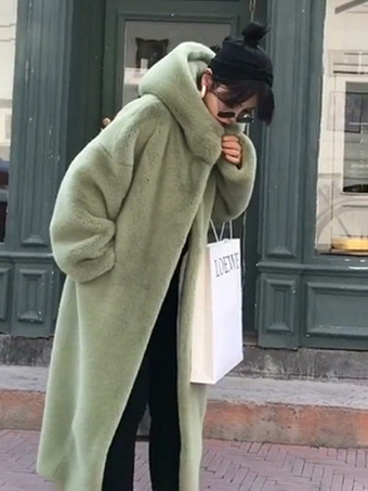 セージグリーン女性用フェイクファーコート フード付き 冬用 エコフレンドリー ロングジャケット 2025