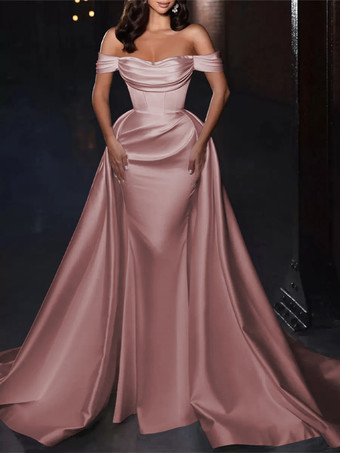 サーモンピンクカクテルドレス付き かわいいショート丈 膝丈 オフショルダー プリーツ サテン生地