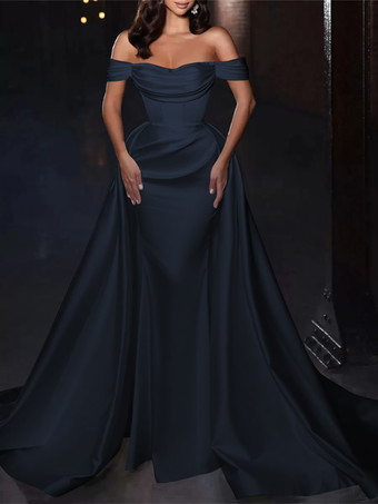 ダークネイビーカクテルドレス付き かわいいショート丈 膝丈 オフショルダー プリーツ サテン生地